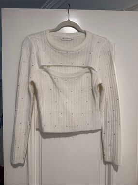 All in Favor White Ribbed Sparkle Crewneck Sweater